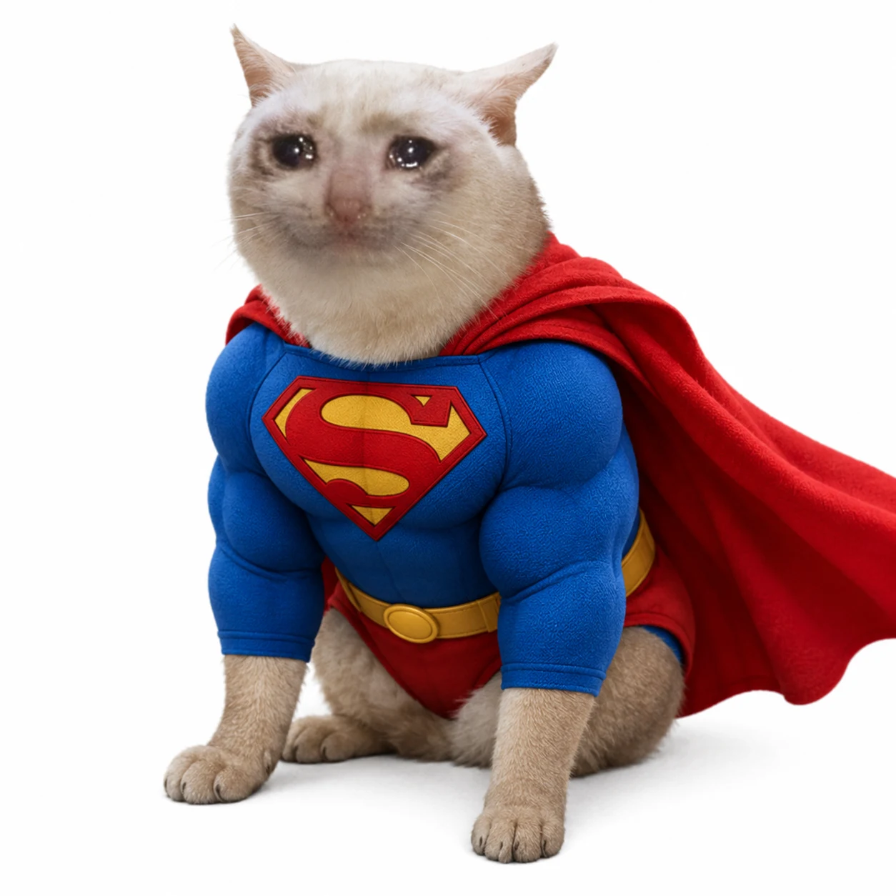 Cream-colored cat in a blue superhero suit and red cape